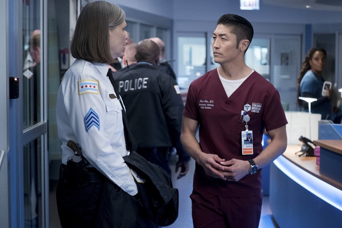 CHICAGO MED -- "Heart Matters" Episode 210 -- Pictured: (l-r) Amy Morton as Trudy Platt, Brian Tee as Ethan Choi -- (Photo by: Elizabeth Sisson/NBC)