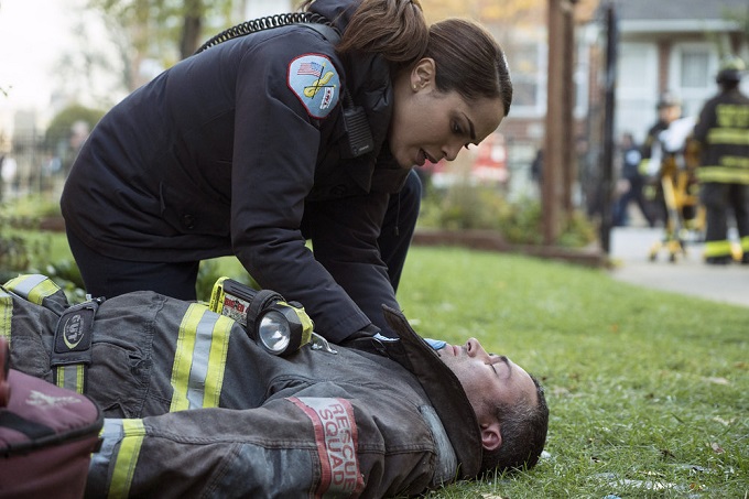 CHICAGO FIRE -- "The People We Meet" Episode 510 -- Pictured: (l-r) Monica Raymund as Gabriela Dawson, Taylor Kinney as Kelly Severide -- (Photo by: Elizabeth Morris/NBC)