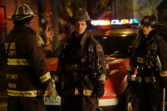 CHICAGO FIRE -- "An Agent Of The Machine" Episode 512 -- Pictured: (l-r) Eamonn Walker as Wallace Boden, Jesse Spencer as Matthew Casey, Miranda Rae Mayo as Stella Kidd -- (Photo by: Elizabeth Morris/NBC)