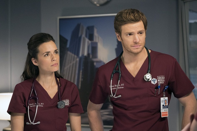 CHICAGO MED -- "Cold Front" Episode 214 -- Pictured: (l-r) Torrey DeVitto as Natalie Manning, Nick Gehlfuss as Will Halstead -- (Photo by: Elizabeth Sisson/NBC)