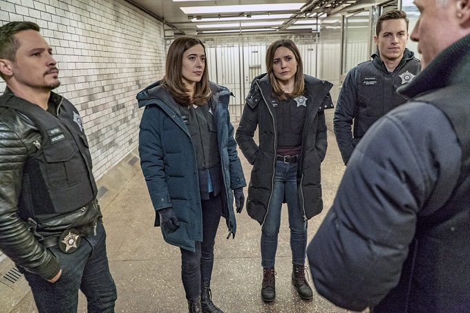 CHICAGO P.D. -- "Favor, Affection, Malice Or Ill-Will" Episode 415 -- Pictured: (l-r) Nick Wechsler as Kenny Rixton, Marina Squerciati as Kim Burgess, Sophia Bush as Erin Lindsay, Jesse Lee Soffer as Jay Halstead -- (Photo by: Matt Dinerstein/NBC)