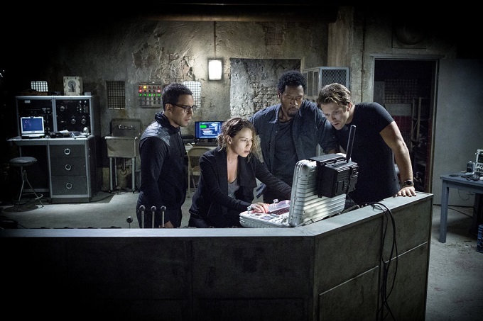 COLONY -- "Company Man" Episode 205 -- Pictured: (l-r) Victor Rasuk as BB, Bethany Joy Lenz as Morgan, Tory Kittles as Broussard, Charlie Bewley as Eckhart -- (Photo by: Isabella Vosmikova/USA Network)