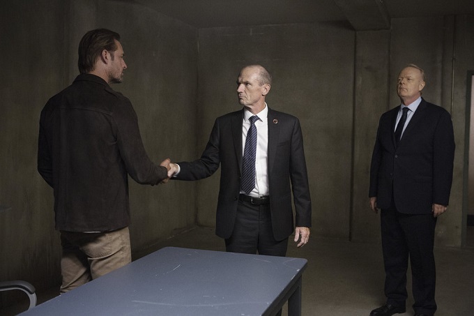 COLONY -- "Company Man" Episode 205 -- Pictured: (l-r) Josh Holloway as Will Bowman, Toby Huss as Bob Burke, Christian Clemenson as Dan Bennett -- (Photo by: Isabella Vosmikova/USA Network)