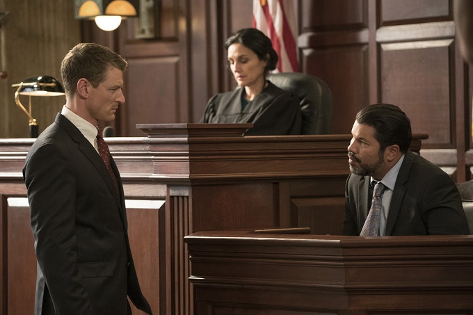 CHICAGO JUSTICE -- "Uncertainty Principle" Episode 107 -- Pictured: (l-r) Philip Winchester as Peter Stone, Sal Velez Jr. as Adrian Carrera -- (Photo by: Elizabeth Morris/NBC)